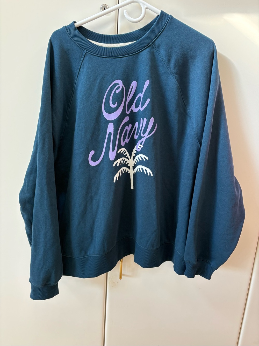 Old Navy Teal Crewneck Sweatshirt with Lavender Logo and Cream Palm